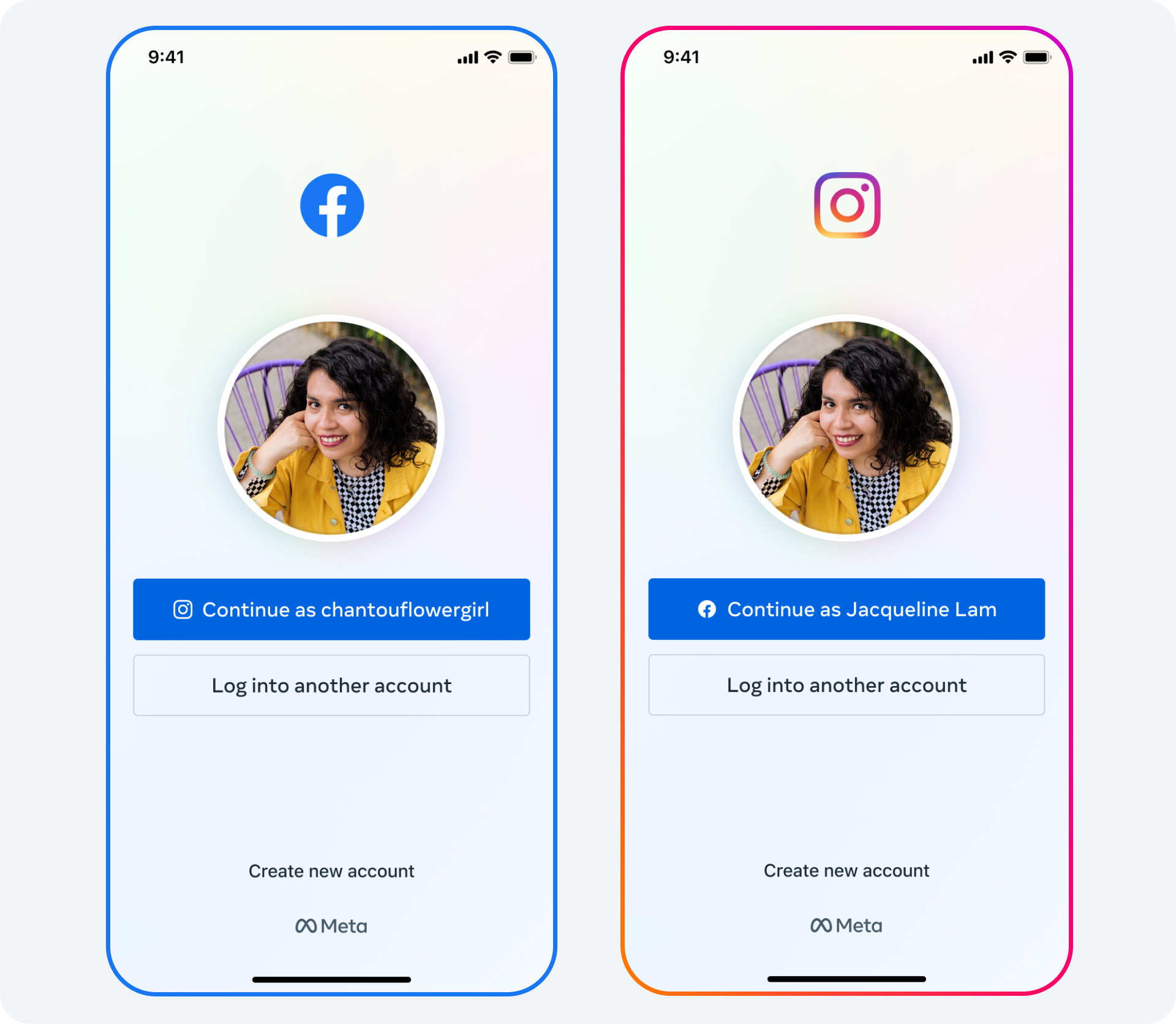 The user interface to log into Facebook and Instagram accounts.